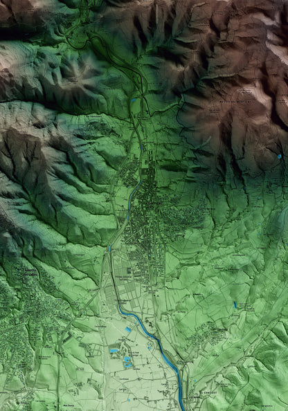 Mapa artístico del relieve de la Garriga, al Vallès Oriental, con 15 km de entorno y base topográfica ICGC. Detalle de la zona central.