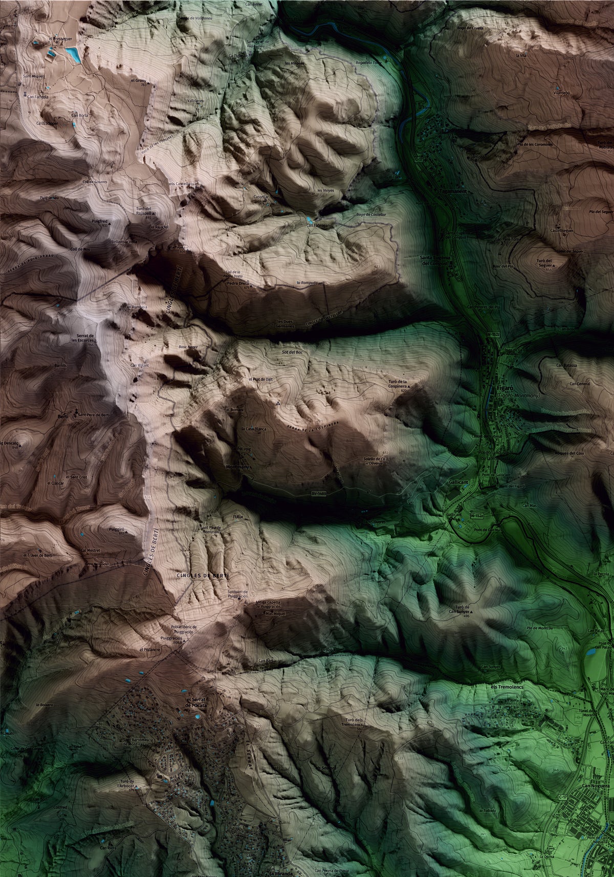 Mapa artístico del relieve de la Garriga, al Vallès Oriental, con 15 km de entorno y base topográfica ICGC. Detalle de la zona superior izquierda.