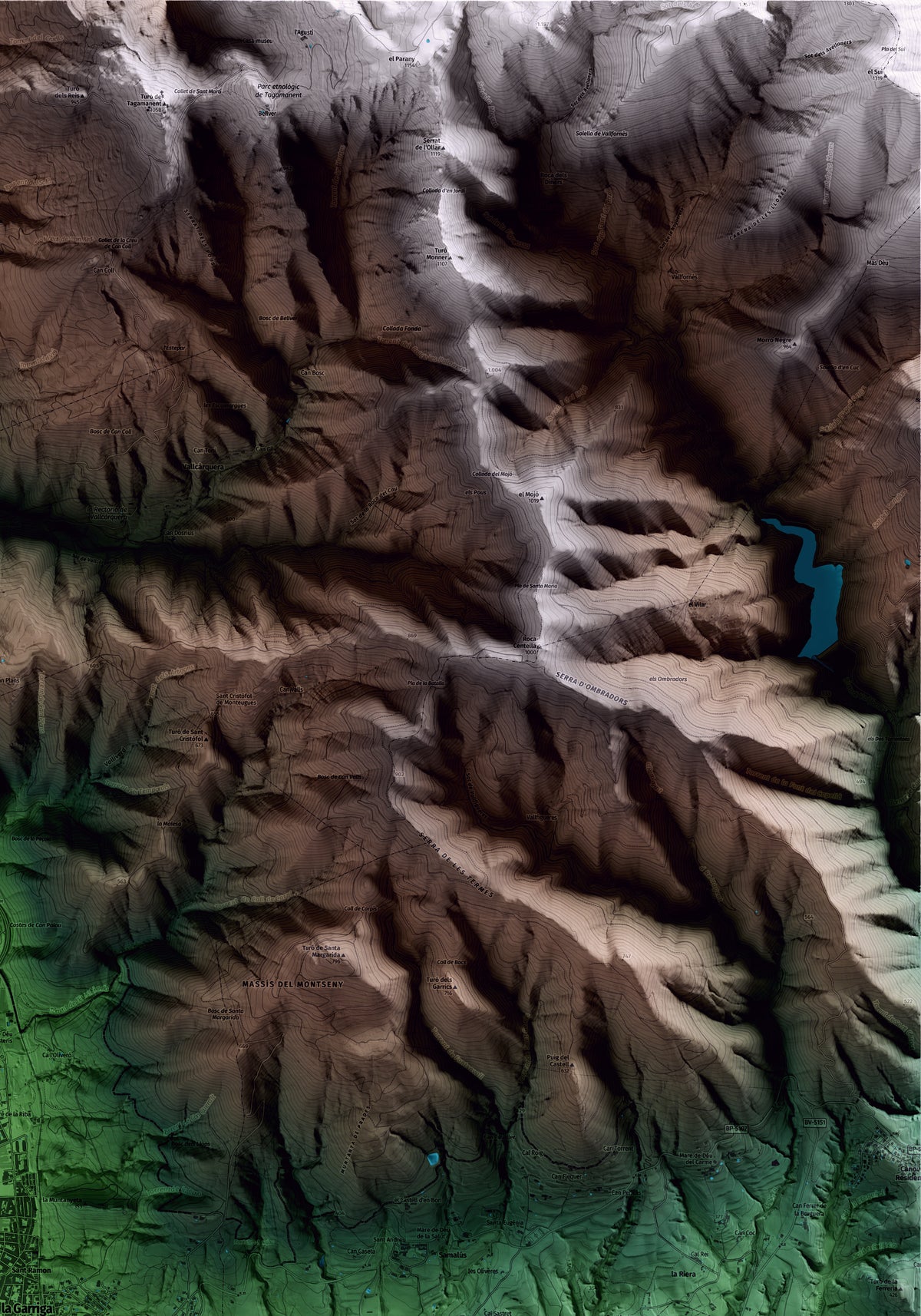 Mapa artístico del relieve de la Garriga, al Vallès Oriental, con 15 km de entorno y base topográfica ICGC. Detalle de la zona superior derecha.