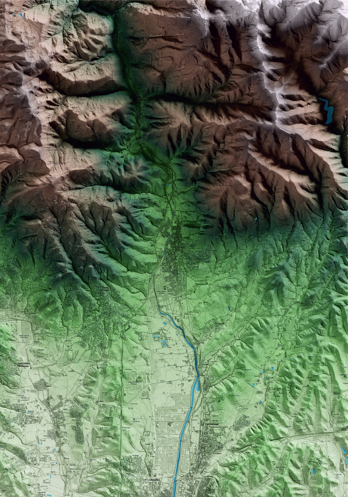 Mapa artístico del relieve de la Garriga, al Vallès Oriental, con 15 km de entorno y base topográfica ICGC
