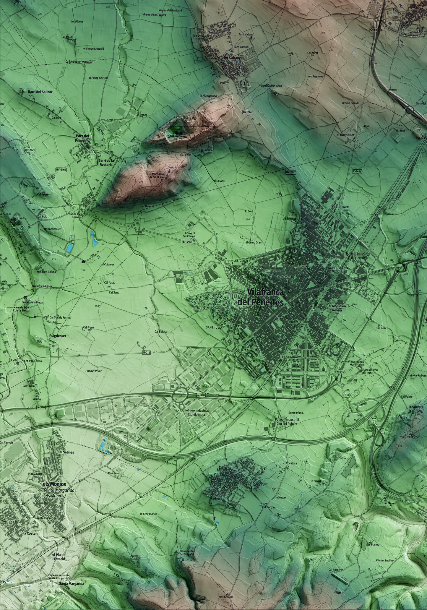 Mapa artístico del relieve de la Granada, al Alt Penedès, con 15 km de entorno y base topográfica ICGC. Detalle de la zona inferior izquierda.