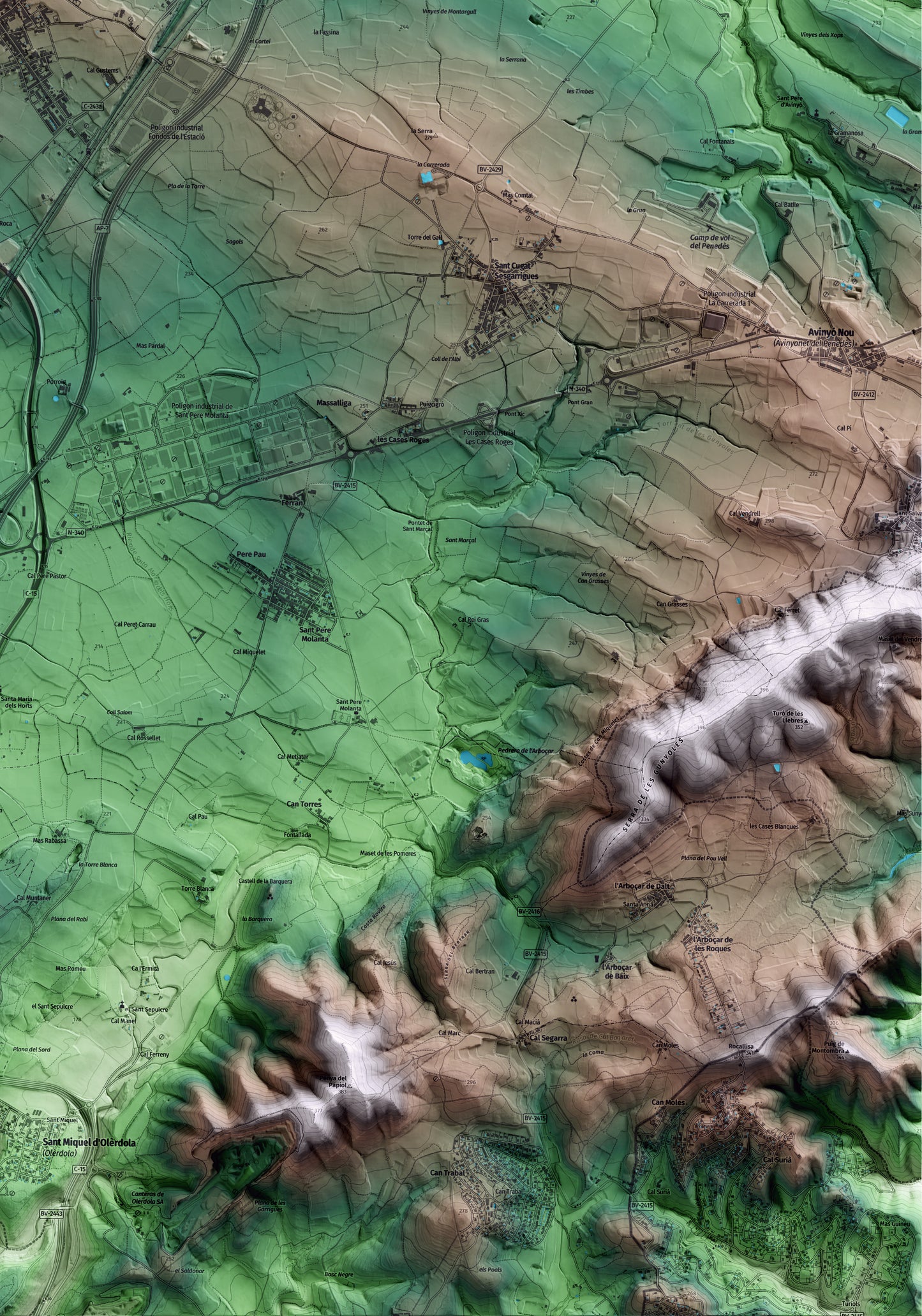 Mapa artístico del relieve de la Granada, al Alt Penedès, con 15 km de entorno y base topográfica ICGC. Detalle de la zona inferior derecha.