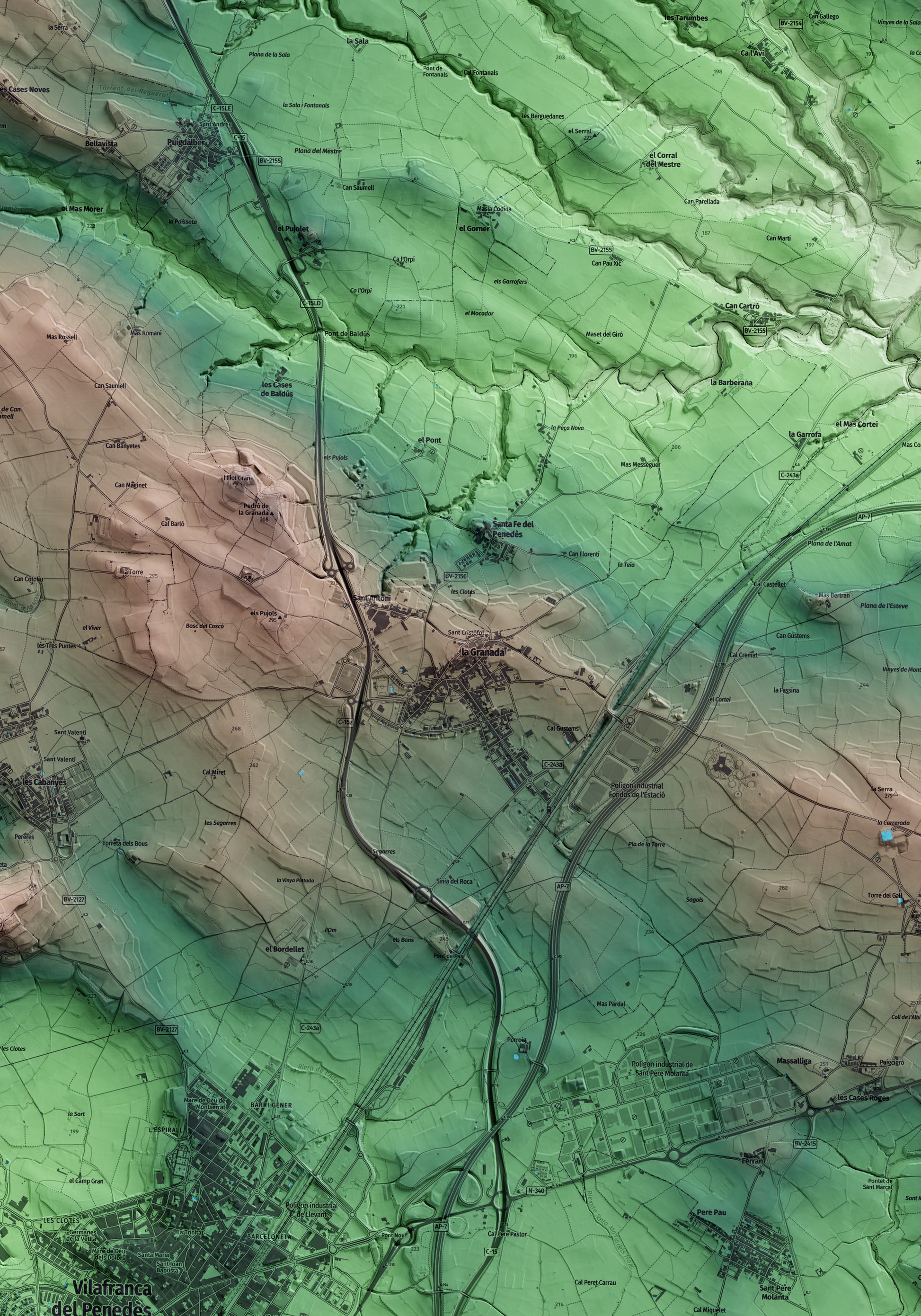 Mapa artístico del relieve de la Granada, al Alt Penedès, con 15 km de entorno y base topográfica ICGC. Detalle de la zona central.