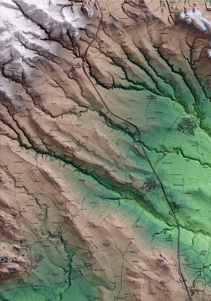 Mapa artístico del relieve de la Granada, al Alt Penedès, con 15 km de entorno y base topográfica ICGC. Detalle de la zona superior izquierda.