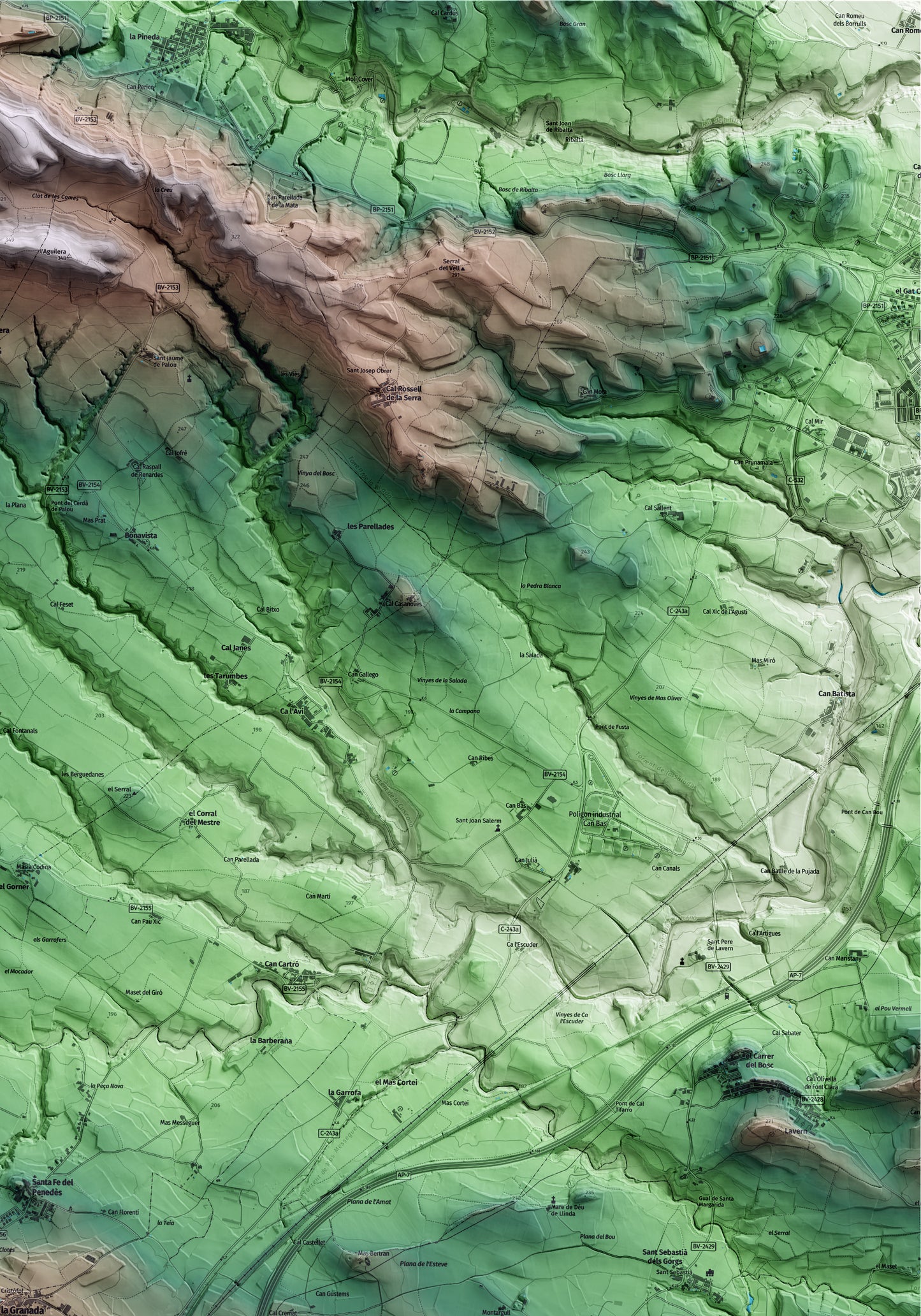 Mapa artístico del relieve de la Granada, al Alt Penedès, con 15 km de entorno y base topográfica ICGC. Detalle de la zona superior derecha.