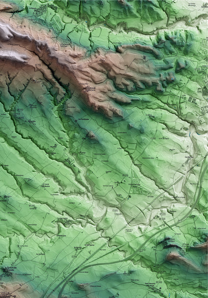 Mapa artístico del relieve de la Granada, al Alt Penedès, con 15 km de entorno y base topográfica ICGC. Detalle de la zona superior derecha.
