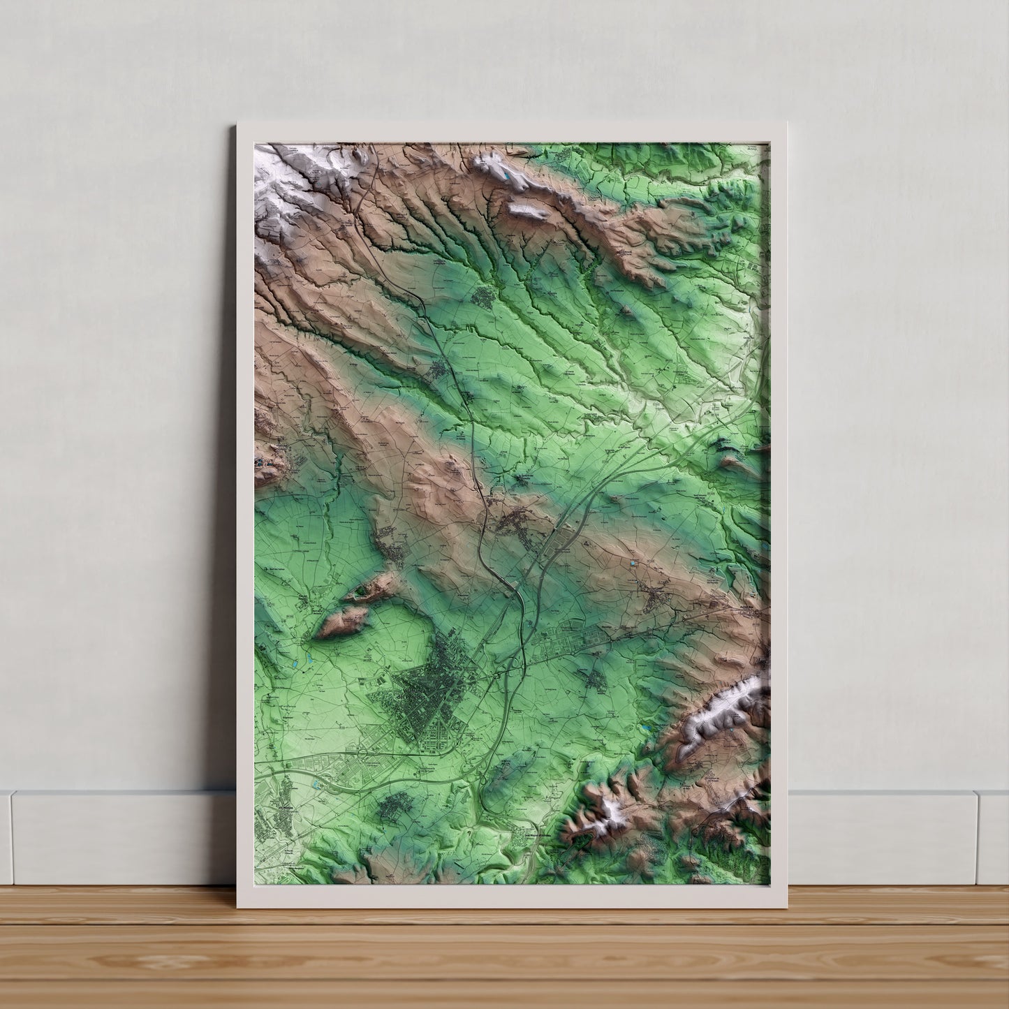 Mapa artístico del relieve de la Granada, al Alt Penedès, con 15 km de entorno y base topográfica ICGC. Presentación enmarcada.