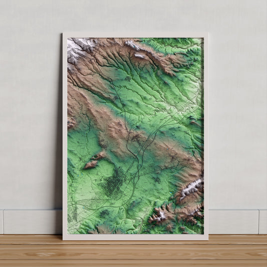 Mapa artístico del relieve de la Granada, al Alt Penedès, con 15 km de entorno y base topográfica ICGC. Presentación enmarcada.