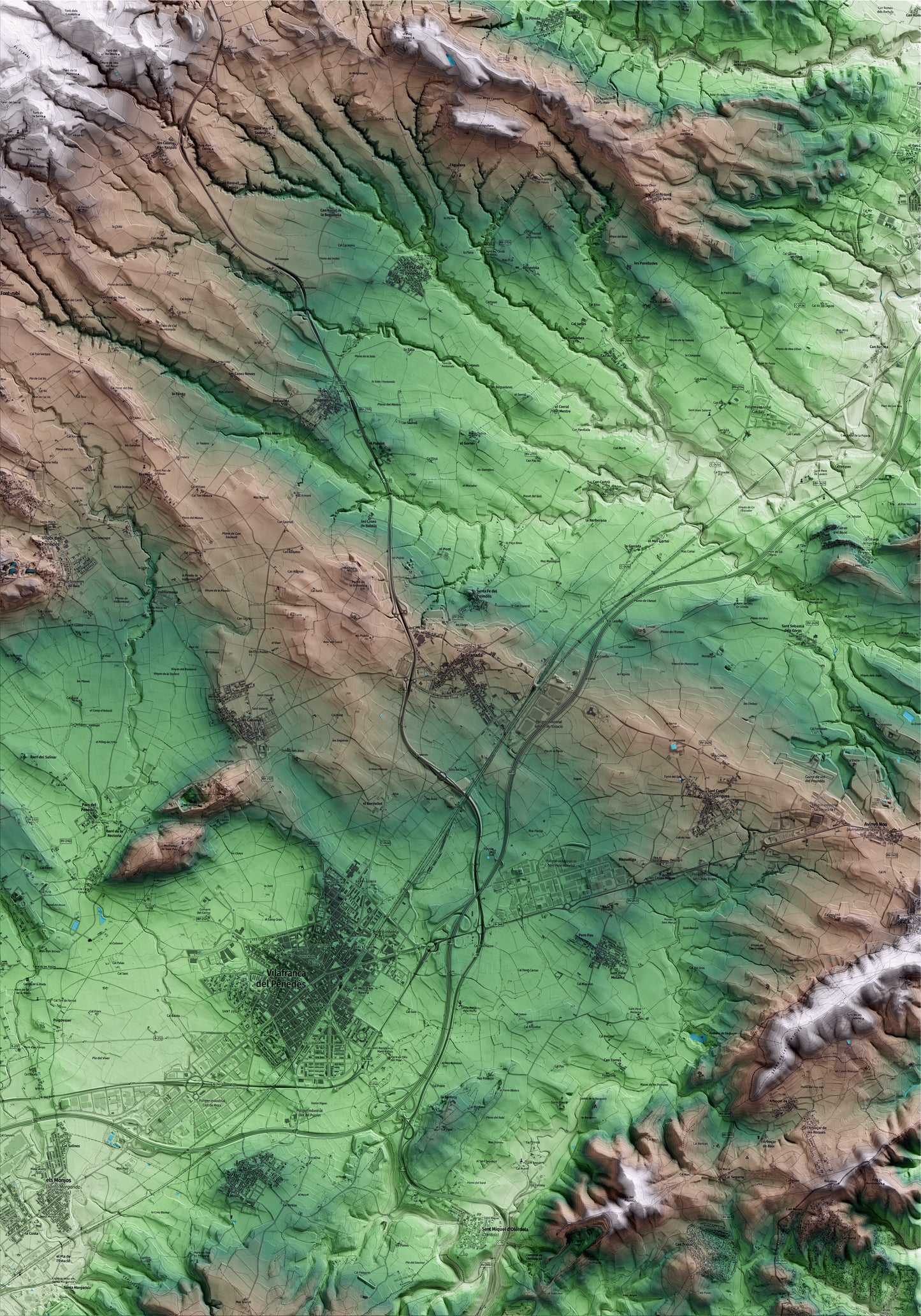 Mapa artístico del relieve de la Granada, al Alt Penedès, con 15 km de entorno y base topográfica ICGC