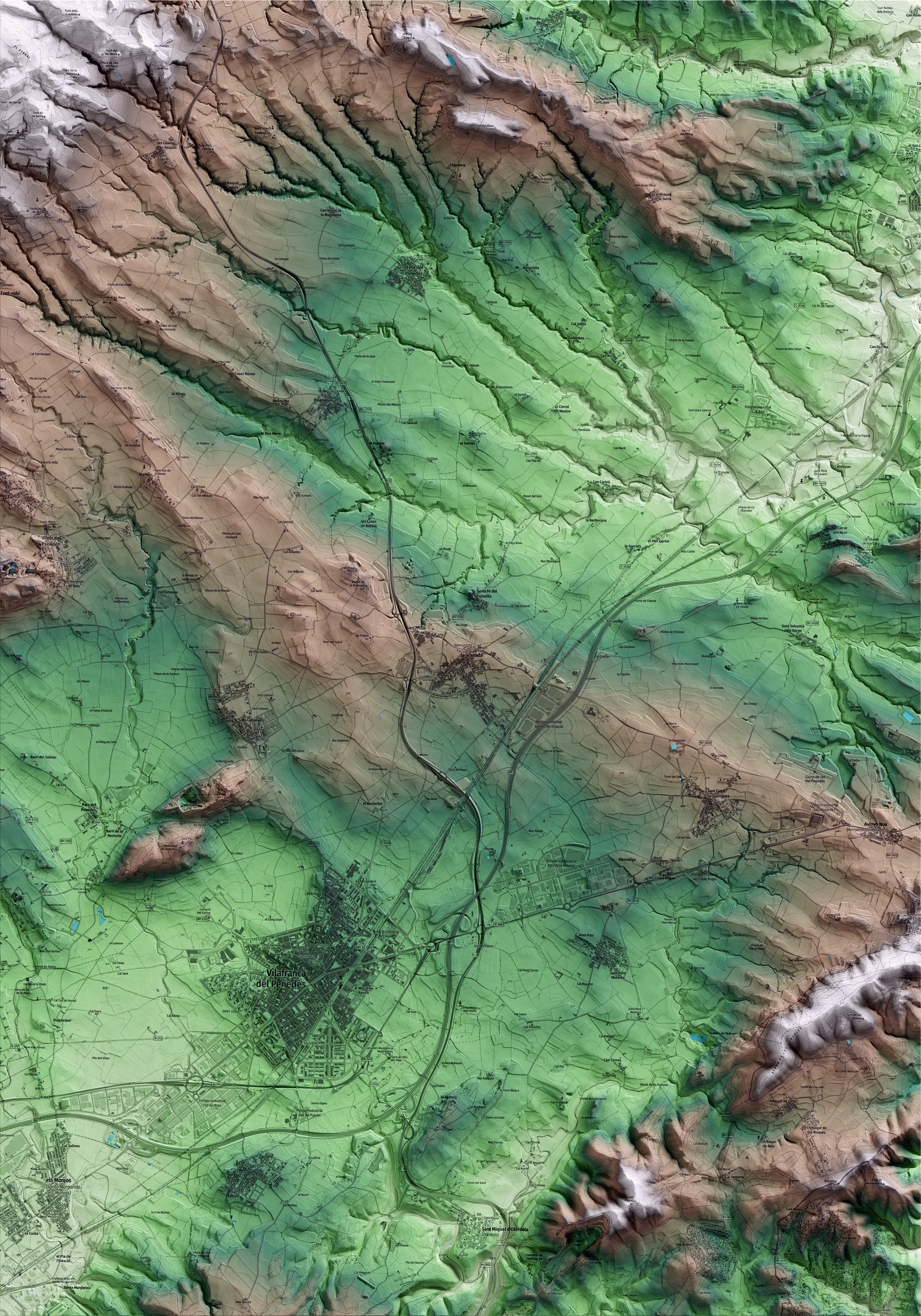 Mapa artístico del relieve de la Granada, al Alt Penedès, con 15 km de entorno y base topográfica ICGC