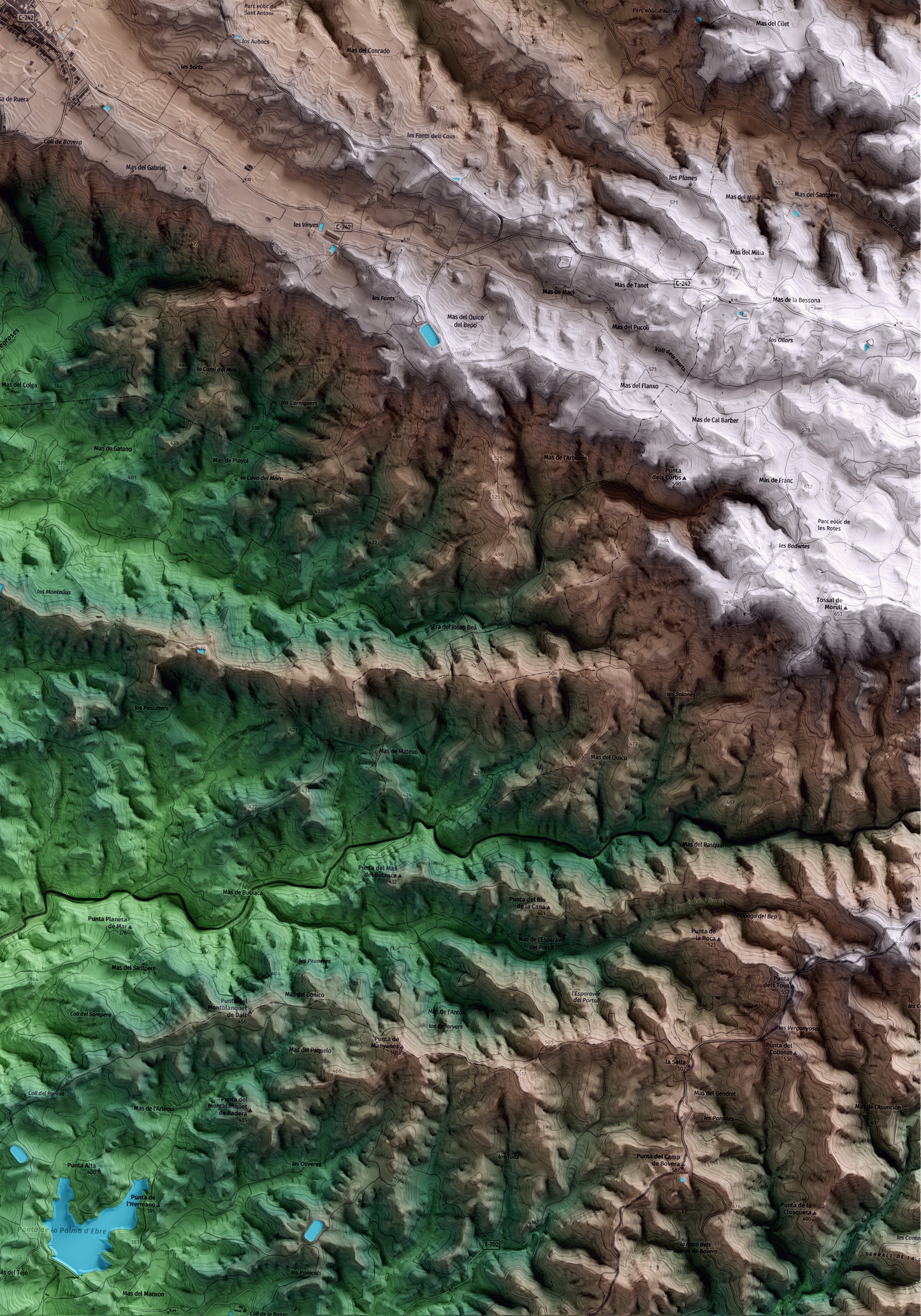 Mapa artístico del relieve de la Granadella, a las Garrigues, con 15 km de entorno y base topográfica ICGC. Detalle de la zona inferior derecha.