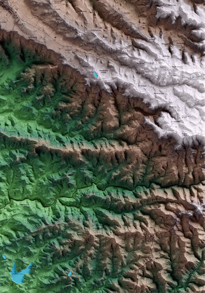 Mapa artístico del relieve de la Granadella, a las Garrigues, con 15 km de entorno y base topográfica ICGC. Detalle de la zona inferior derecha.