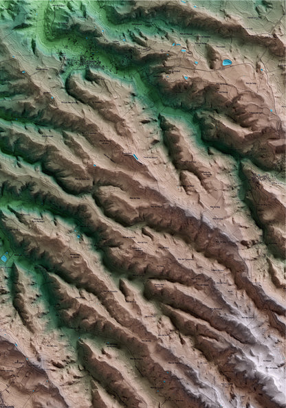Mapa artístico del relieve de la Granadella, a las Garrigues, con 15 km de entorno y base topográfica ICGC. Detalle de la zona superior derecha.