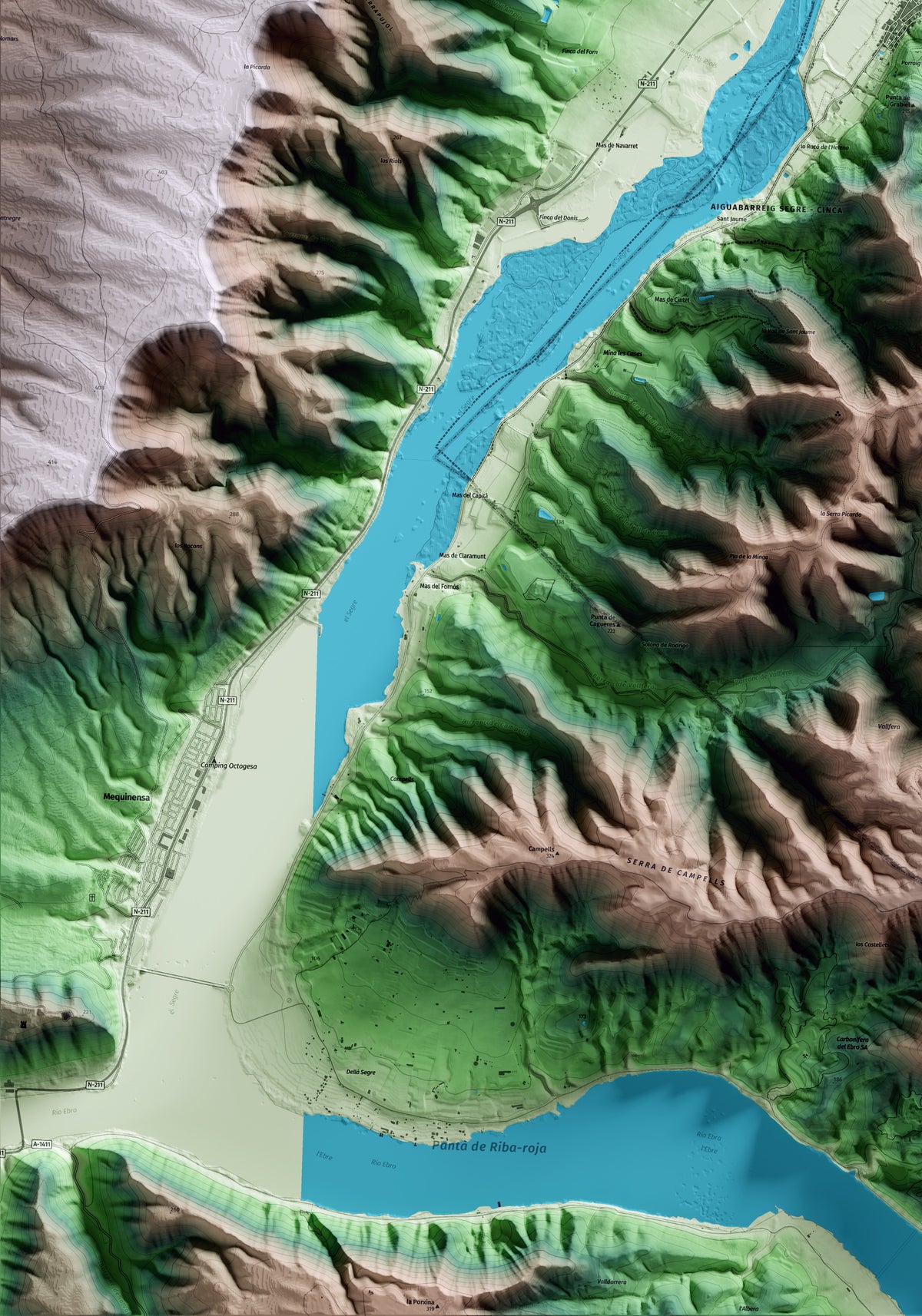 Mapa artístico del relieve de la Granja d'Escarp, al Segrià, con 15 km de entorno y base topográfica ICGC. Detalle de la zona inferior izquierda.
