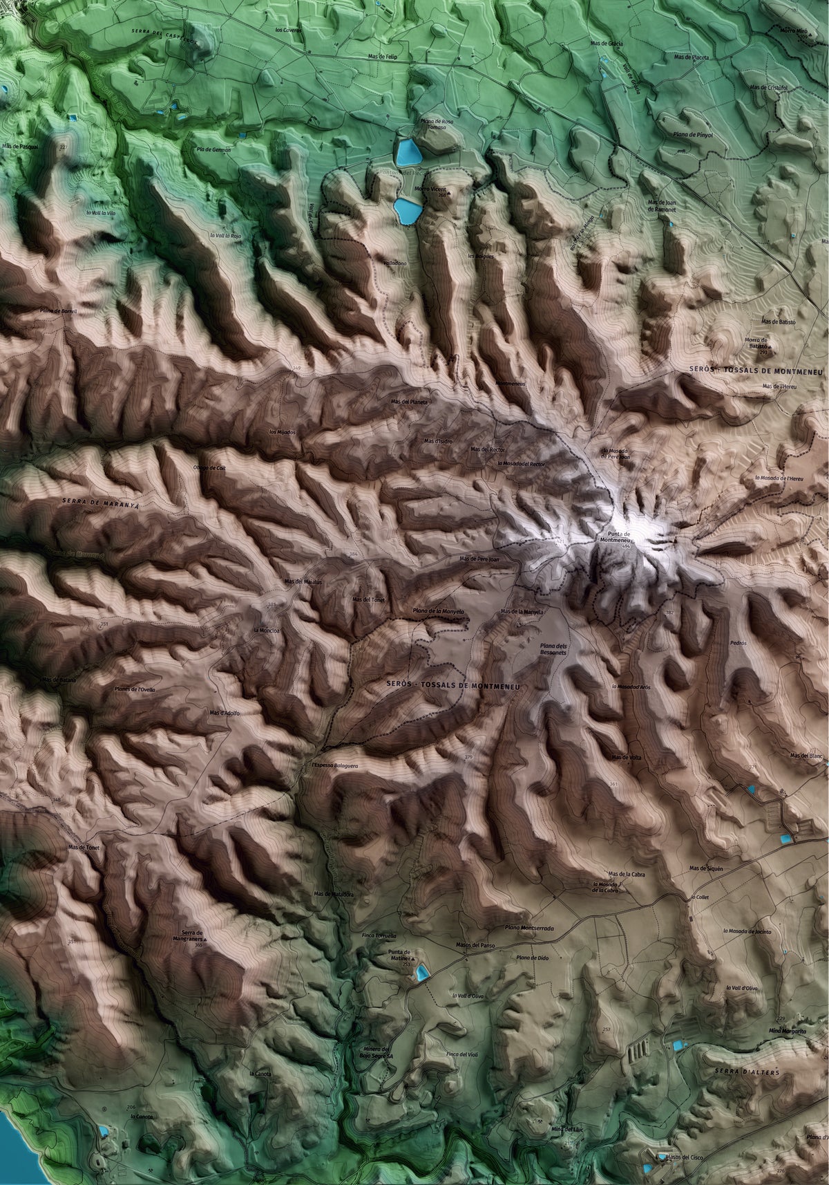 Mapa artístico del relieve de la Granja d'Escarp, al Segrià, con 15 km de entorno y base topográfica ICGC. Detalle de la zona inferior derecha.