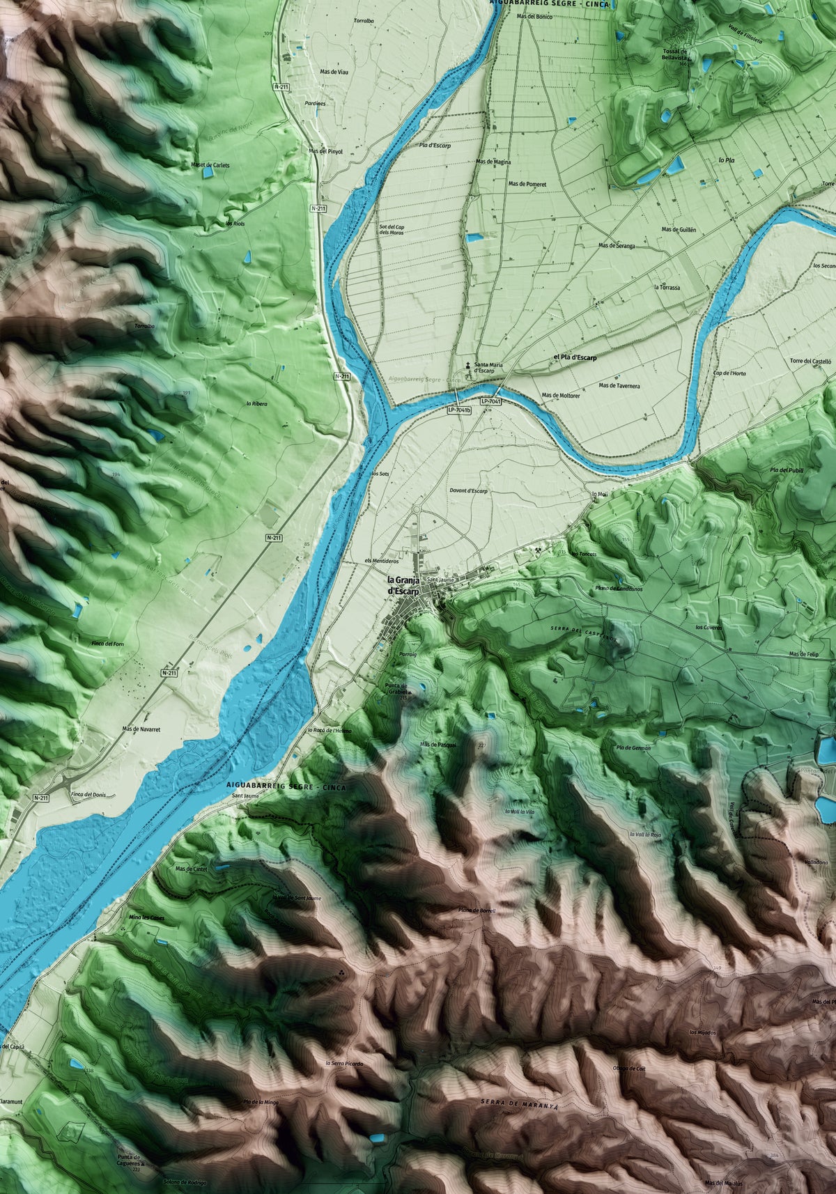 Mapa artístico del relieve de la Granja d'Escarp, al Segrià, con 15 km de entorno y base topográfica ICGC. Detalle de la zona central.