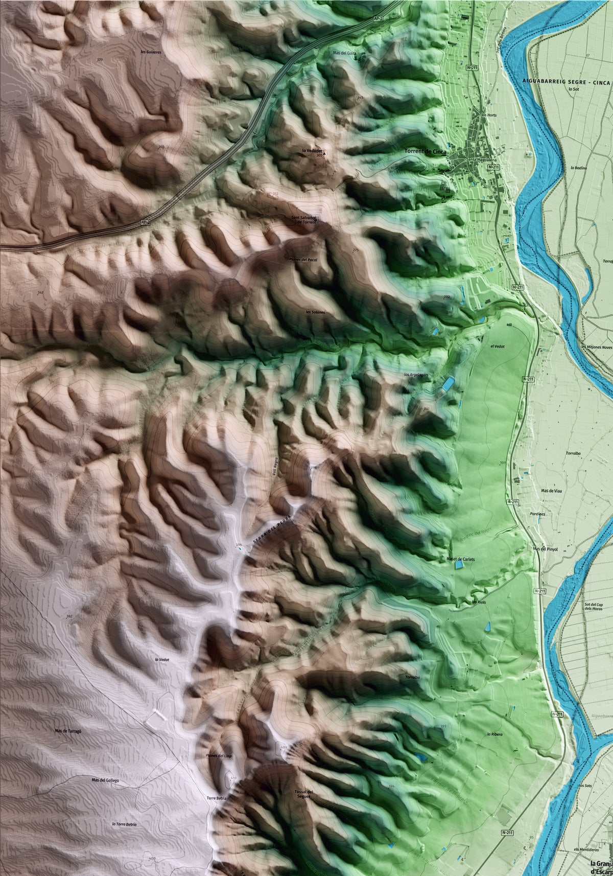 Mapa artístico del relieve de la Granja d'Escarp, al Segrià, con 15 km de entorno y base topográfica ICGC. Detalle de la zona superior izquierda.