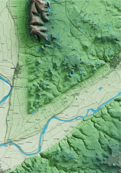 Mapa artístico del relieve de la Granja d'Escarp, al Segrià, con 15 km de entorno y base topográfica ICGC. Detalle de la zona superior derecha.