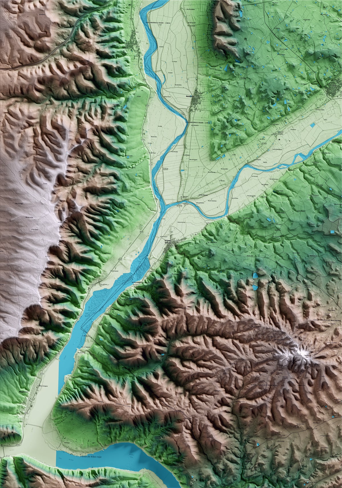 Mapa artístico del relieve de la Granja d'Escarp, al Segrià, con 15 km de entorno y base topográfica ICGC