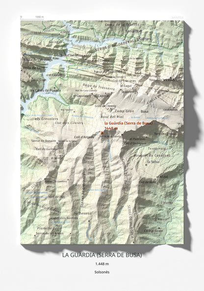 Mapa de relieve de la Guàrdia (Serra de Busa), 1448 m, Solsonès, lámina 100 Cims de Trobart 21 × 30 cm.