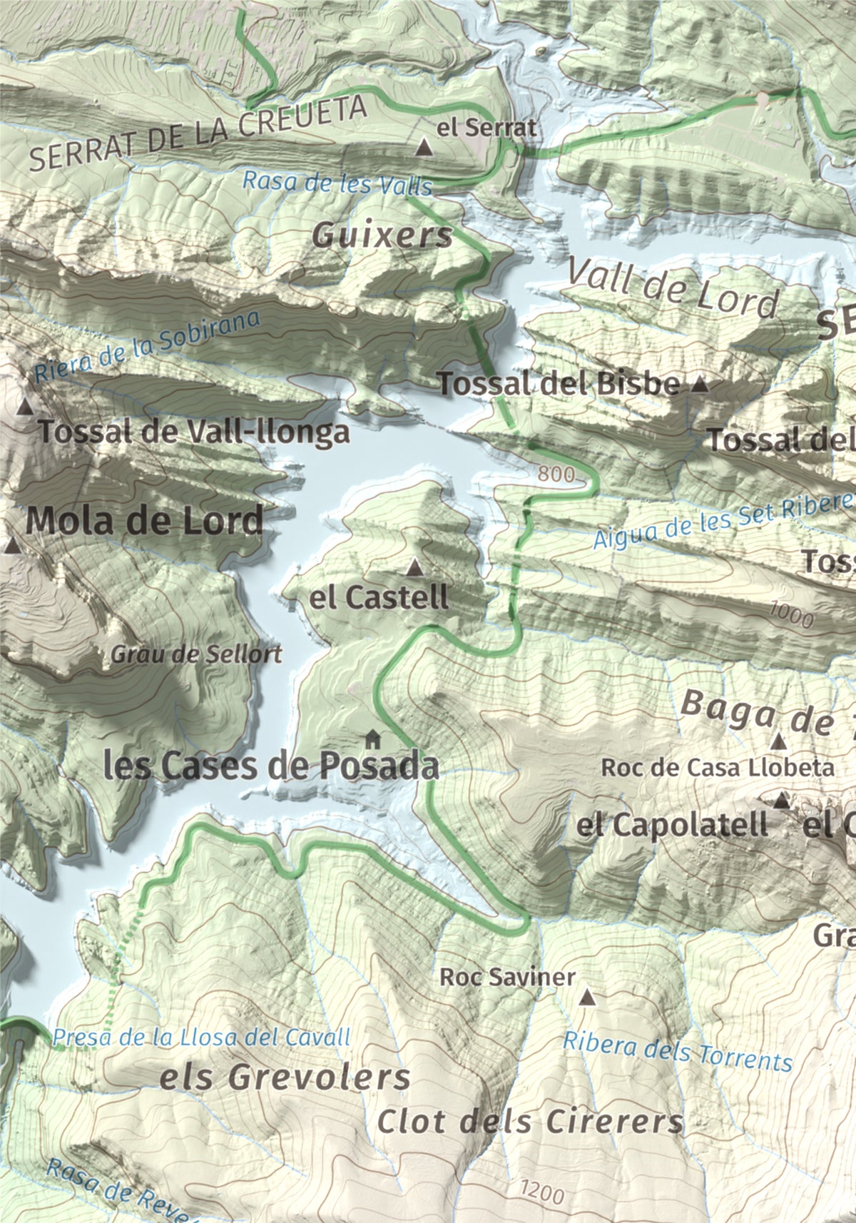Mapa de relieve de la Guàrdia (Serra de Busa), 1448 m, Solsonès, lámina 100 Cims de Trobart. Detalle de la zona superior izquierda. 21 × 30 cm.