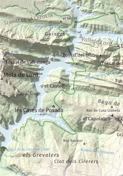 Mapa de relieve de la Guàrdia (Serra de Busa), 1448 m, Solsonès, lámina 100 Cims de Trobart. Detalle de la zona superior izquierda. 21 × 30 cm.