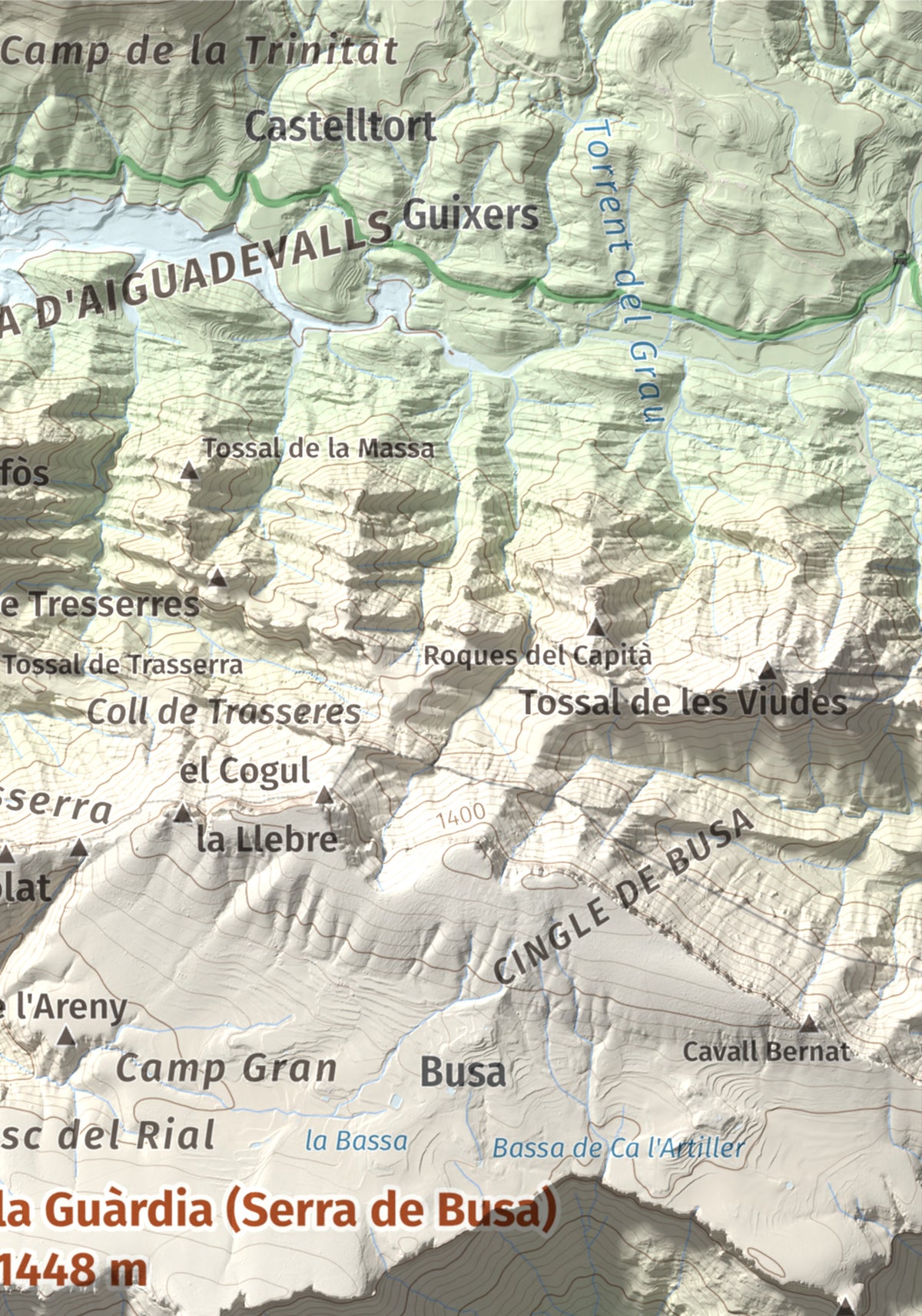 Mapa de relieve de la Guàrdia (Serra de Busa), 1448 m, Solsonès, lámina 100 Cims de Trobart. Detalle de la zona superior derecha. 21 × 30 cm.