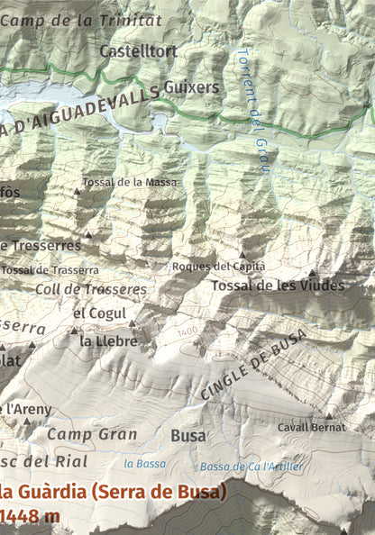 Mapa de relieve de la Guàrdia (Serra de Busa), 1448 m, Solsonès, lámina 100 Cims de Trobart. Detalle de la zona superior derecha. 21 × 30 cm.