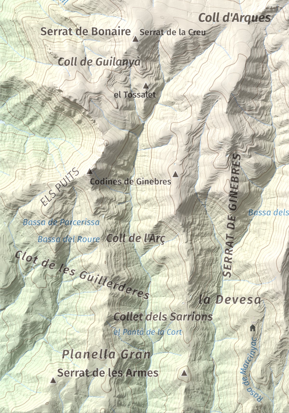 Mapa de relieve de la Guàrdia (Serra de Busa), 1448 m, Solsonès, lámina 100 Cims de Trobart. Detalle de la zona inferior izquierda. 21 × 30 cm.