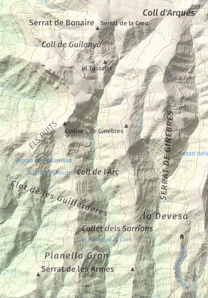 Mapa de relieve de la Guàrdia (Serra de Busa), 1448 m, Solsonès, lámina 100 Cims de Trobart. Detalle de la zona inferior izquierda. 21 × 30 cm.