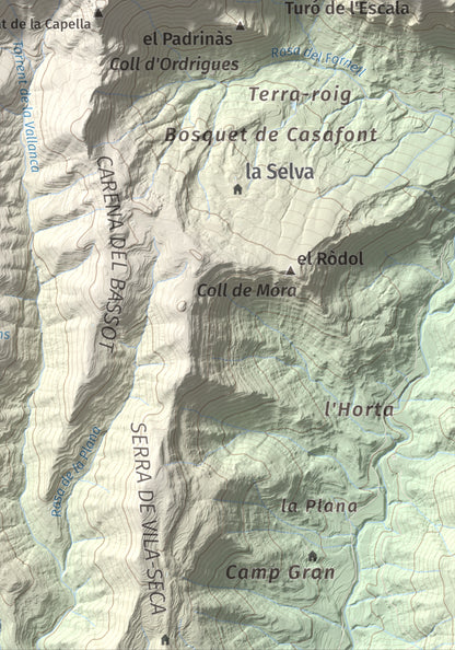 Mapa de relieve de la Guàrdia (Serra de Busa), 1448 m, Solsonès, lámina 100 Cims de Trobart. Detalle de la zona inferior derecha. 21 × 30 cm.