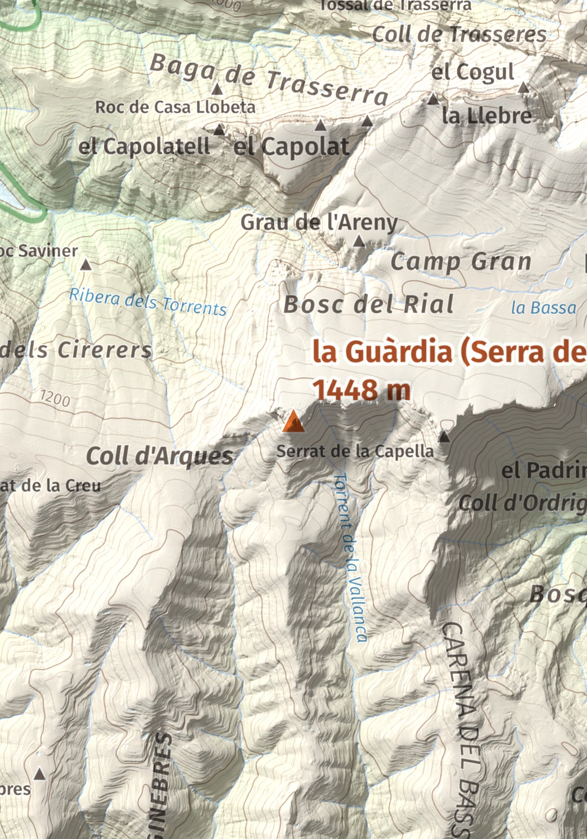 Mapa de relieve de la Guàrdia (Serra de Busa), 1448 m, Solsonès, lámina 100 Cims de Trobart. Detalle de la zona central. 21 × 30 cm.