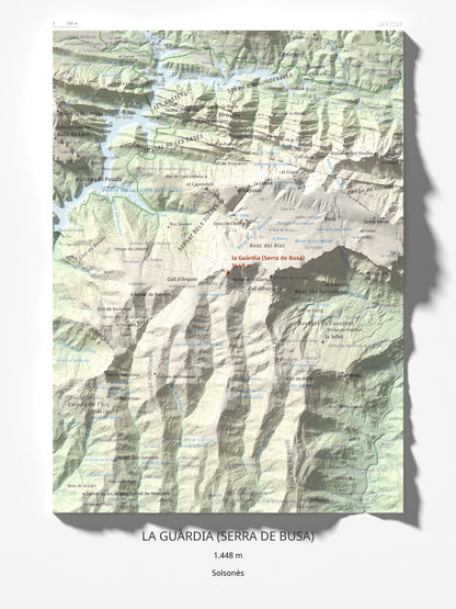 Mapa de relieve de la Guàrdia (Serra de Busa), 1448 m, Solsonès, lámina 100 Cims de Trobart 30 × 40 cm.