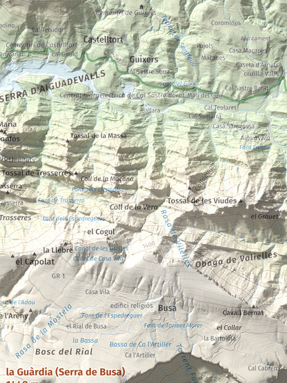Mapa de relieve de la Guàrdia (Serra de Busa), 1448 m, Solsonès, lámina 100 Cims de Trobart. Detalle de la zona superior derecha. 30 × 40 cm.