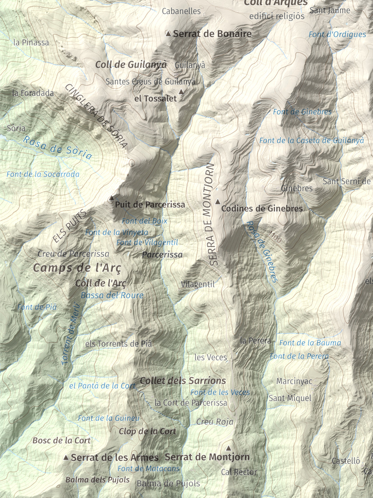 Mapa de relieve de la Guàrdia (Serra de Busa), 1448 m, Solsonès, lámina 100 Cims de Trobart. Detalle de la zona inferior izquierda. 30 × 40 cm.