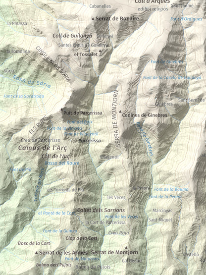 Mapa de relieve de la Guàrdia (Serra de Busa), 1448 m, Solsonès, lámina 100 Cims de Trobart. Detalle de la zona inferior izquierda. 30 × 40 cm.