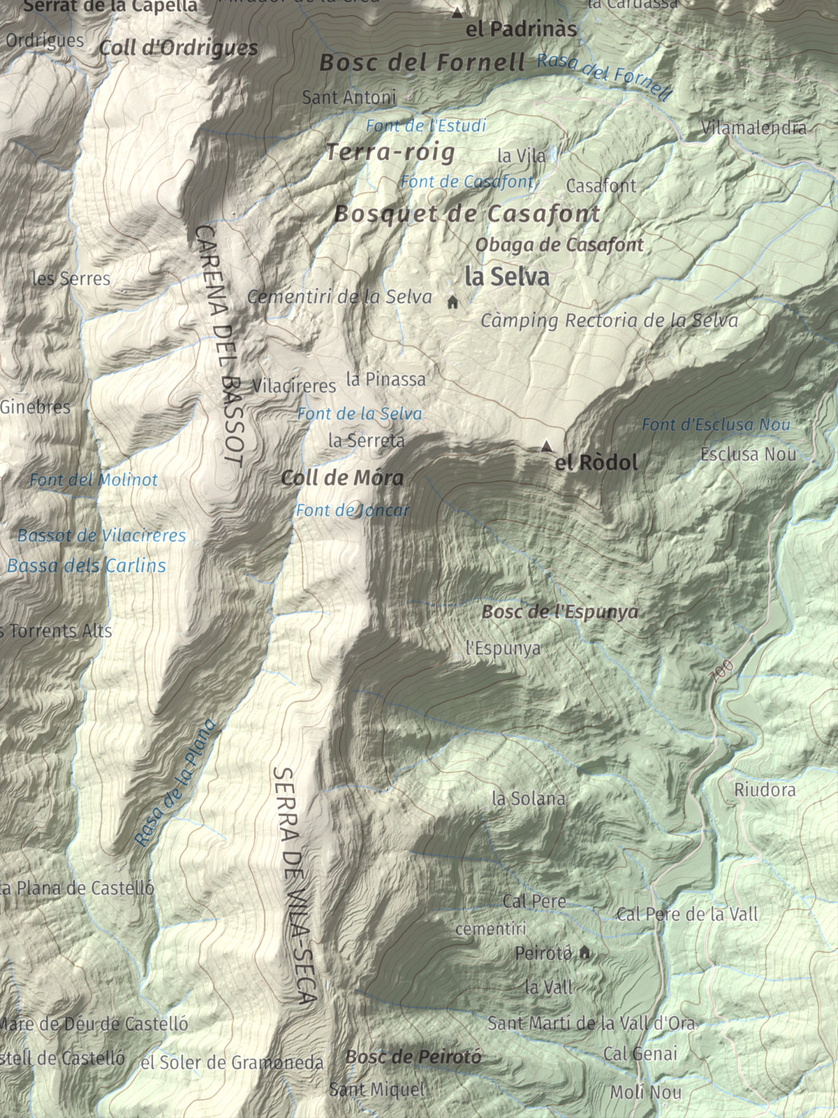 Mapa de relieve de la Guàrdia (Serra de Busa), 1448 m, Solsonès, lámina 100 Cims de Trobart. Detalle de la zona inferior derecha. 30 × 40 cm.