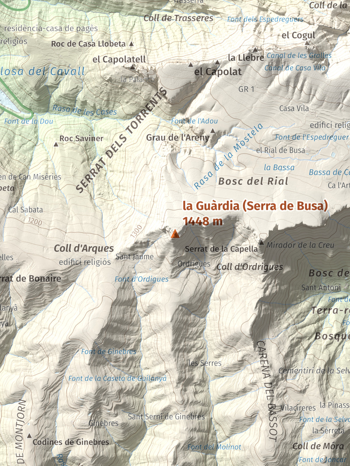 Mapa de relieve de la Guàrdia (Serra de Busa), 1448 m, Solsonès, lámina 100 Cims de Trobart. Detalle de la zona central. 30 × 40 cm.