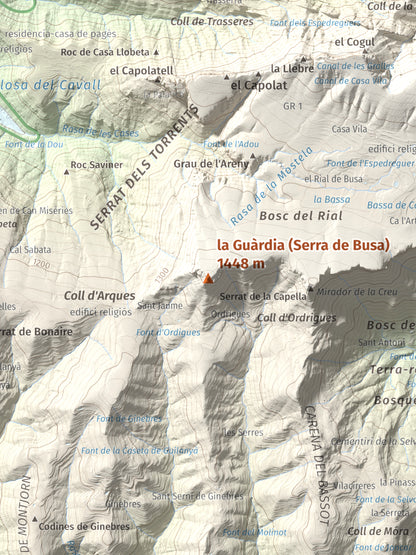 Mapa de relieve de la Guàrdia (Serra de Busa), 1448 m, Solsonès, lámina 100 Cims de Trobart. Detalle de la zona central. 30 × 40 cm.