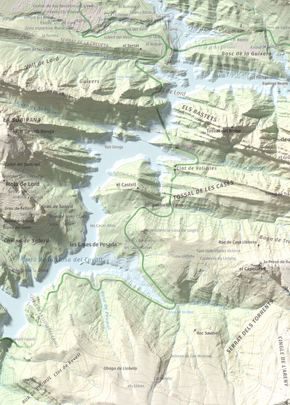 Mapa de relieve de la Guàrdia (Serra de Busa), 1448 m, Solsonès, lámina 100 Cims de Trobart. Detalle de la zona superior izquierda. 50 × 70 cm.