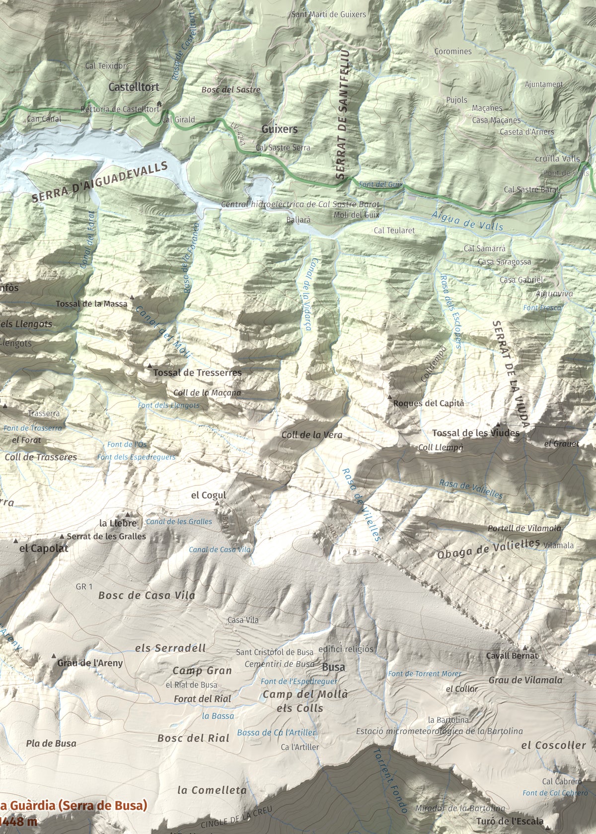Mapa de relieve de la Guàrdia (Serra de Busa), 1448 m, Solsonès, lámina 100 Cims de Trobart. Detalle de la zona superior derecha. 50 × 70 cm.