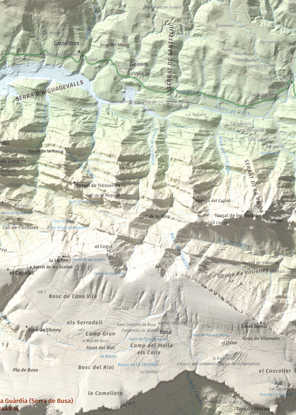 Mapa de relieve de la Guàrdia (Serra de Busa), 1448 m, Solsonès, lámina 100 Cims de Trobart. Detalle de la zona superior derecha. 50 × 70 cm.