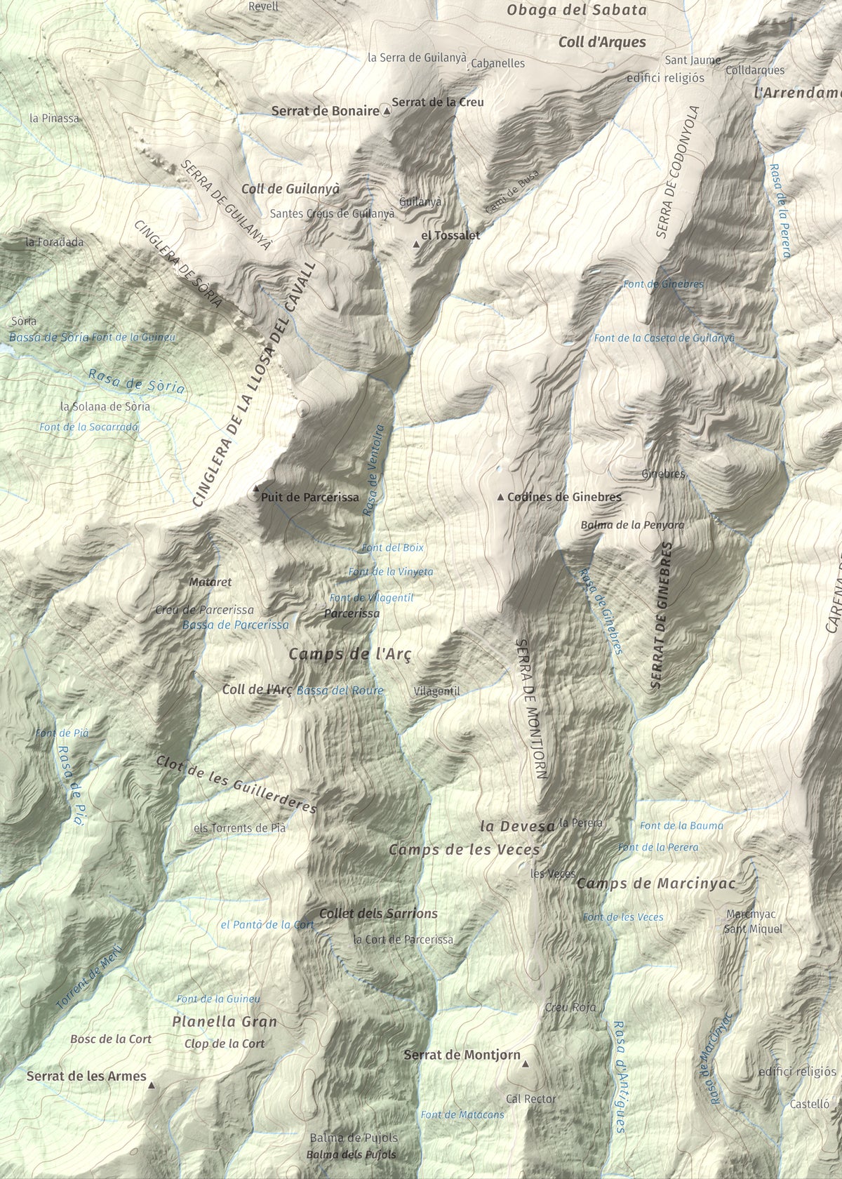 Mapa de relieve de la Guàrdia (Serra de Busa), 1448 m, Solsonès, lámina 100 Cims de Trobart. Detalle de la zona inferior izquierda. 50 × 70 cm.