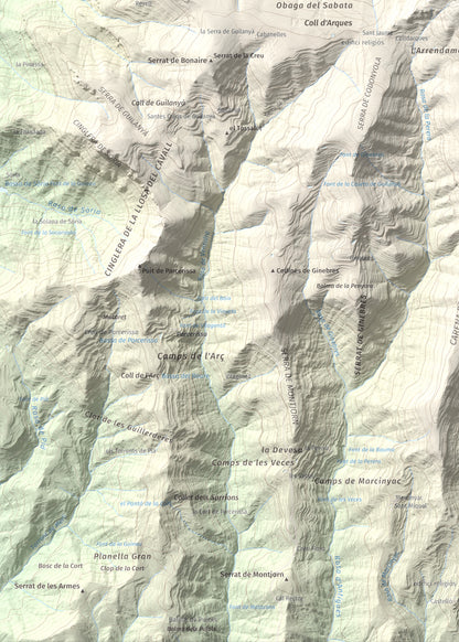 Mapa de relieve de la Guàrdia (Serra de Busa), 1448 m, Solsonès, lámina 100 Cims de Trobart. Detalle de la zona inferior izquierda. 50 × 70 cm.