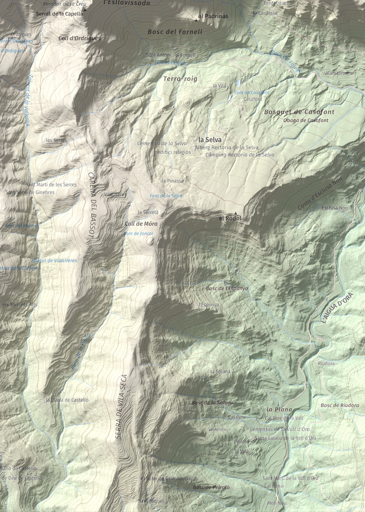 Mapa de relieve de la Guàrdia (Serra de Busa), 1448 m, Solsonès, lámina 100 Cims de Trobart. Detalle de la zona inferior derecha. 50 × 70 cm.