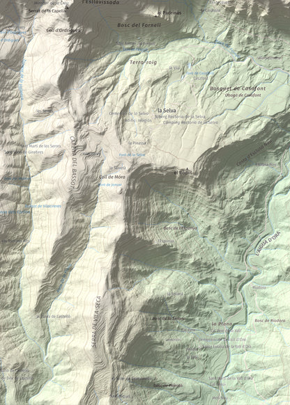 Mapa de relieve de la Guàrdia (Serra de Busa), 1448 m, Solsonès, lámina 100 Cims de Trobart. Detalle de la zona inferior derecha. 50 × 70 cm.