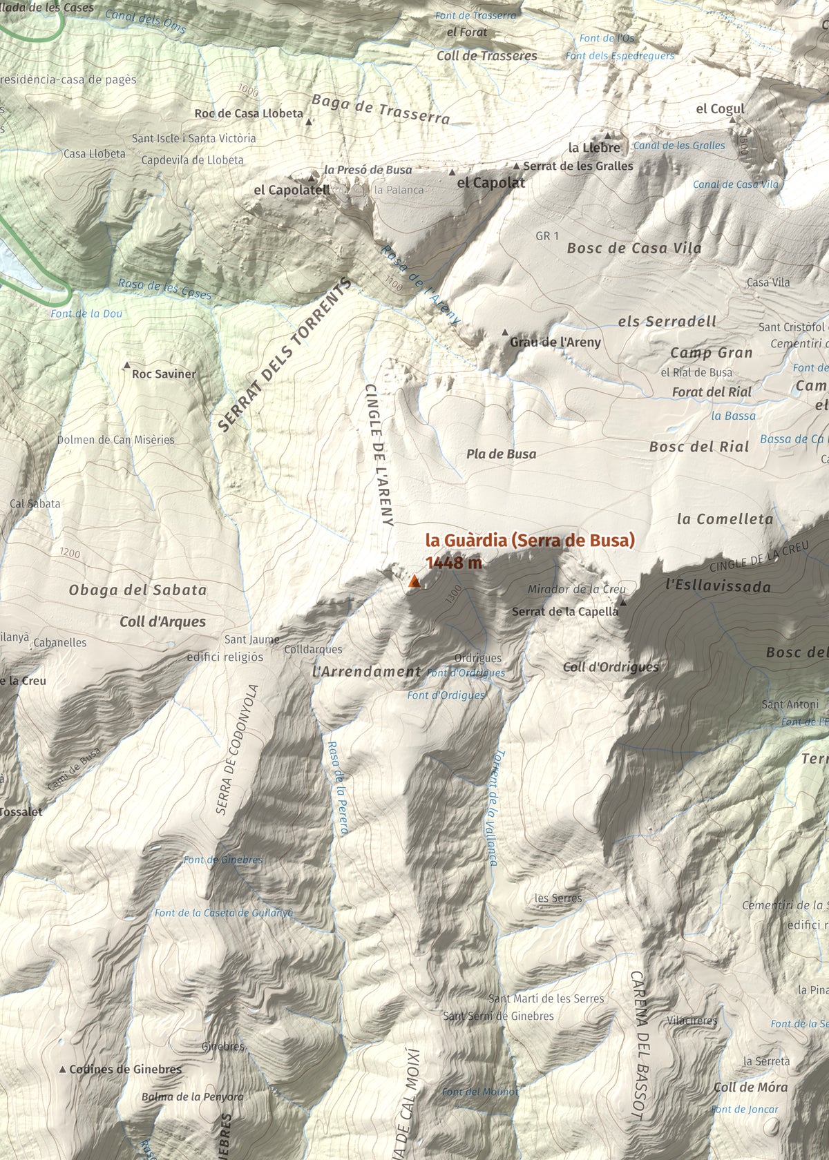 Mapa de relieve de la Guàrdia (Serra de Busa), 1448 m, Solsonès, lámina 100 Cims de Trobart. Detalle de la zona central. 50 × 70 cm.