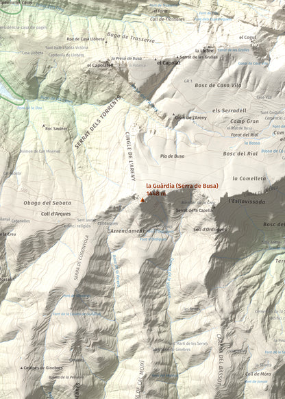 Mapa de relieve de la Guàrdia (Serra de Busa), 1448 m, Solsonès, lámina 100 Cims de Trobart. Detalle de la zona central. 50 × 70 cm.