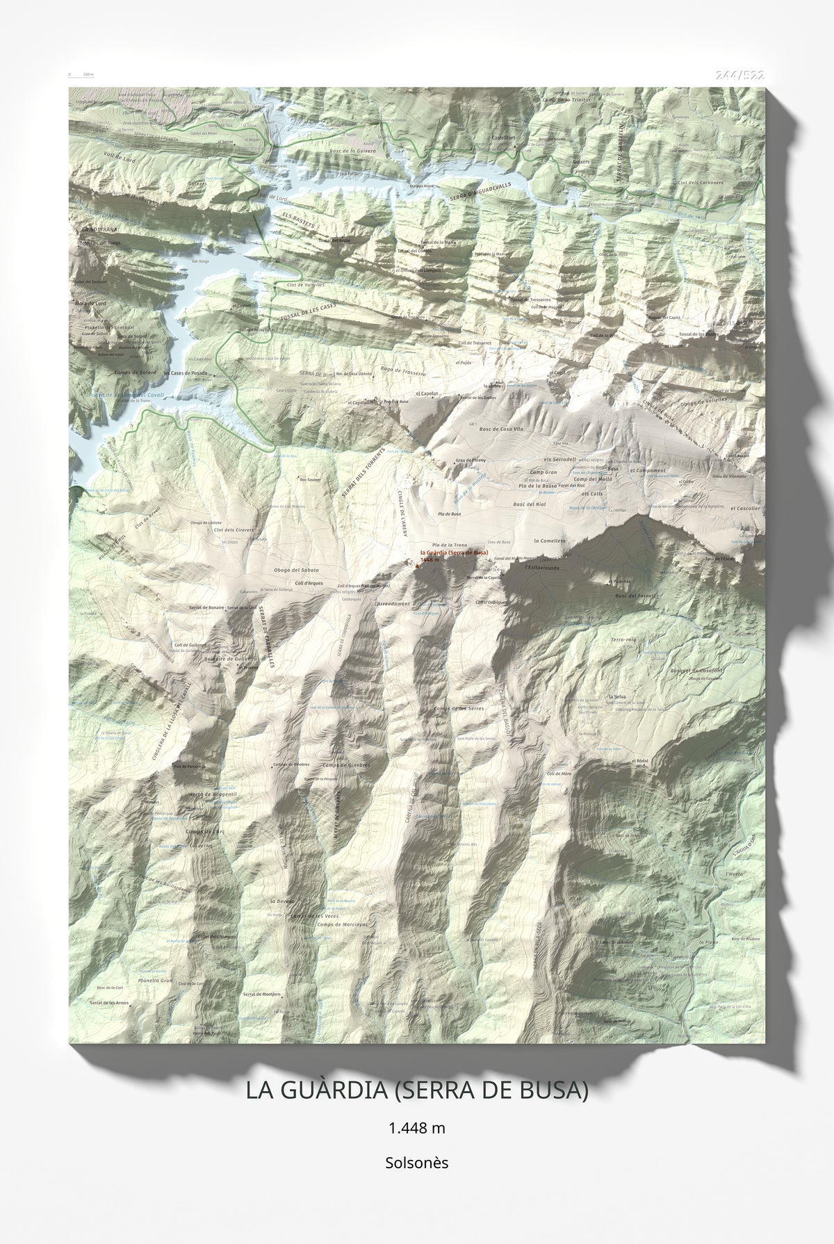 Mapa de relieve de la Guàrdia (Serra de Busa), 1448 m, Solsonès, lámina 100 Cims de Trobart 61 × 91 cm.