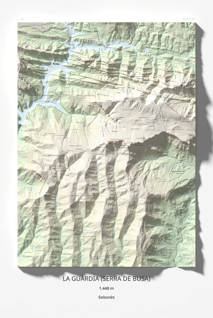 Mapa de relieve de la Guàrdia (Serra de Busa), 1448 m, Solsonès, lámina 100 Cims de Trobart 61 × 91 cm.